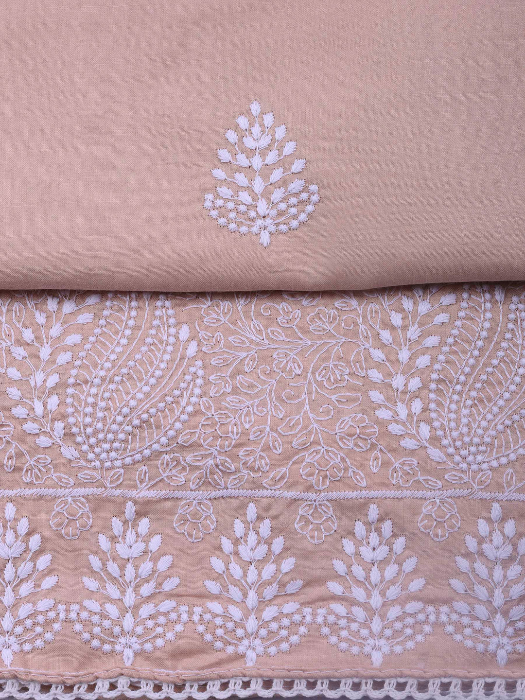 Peach Embroidered Cotton Blend Unstitched Suit &amp; Pant With Cotton Dupatta