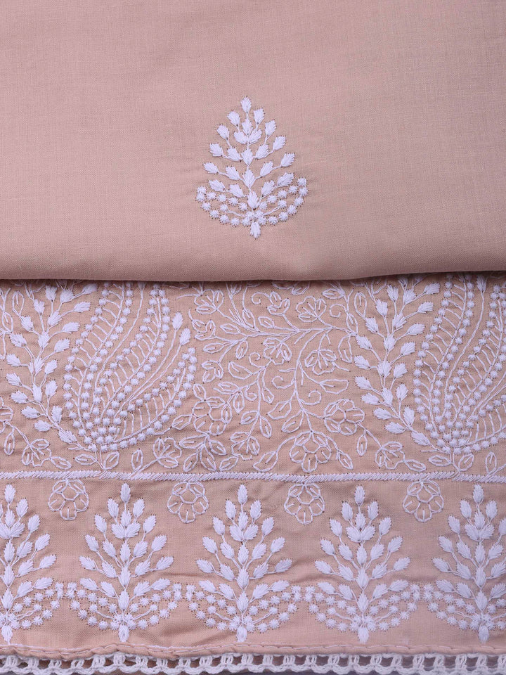 Peach Embroidered Cotton Blend Unstitched Suit &amp; Pant With Cotton Dupatta