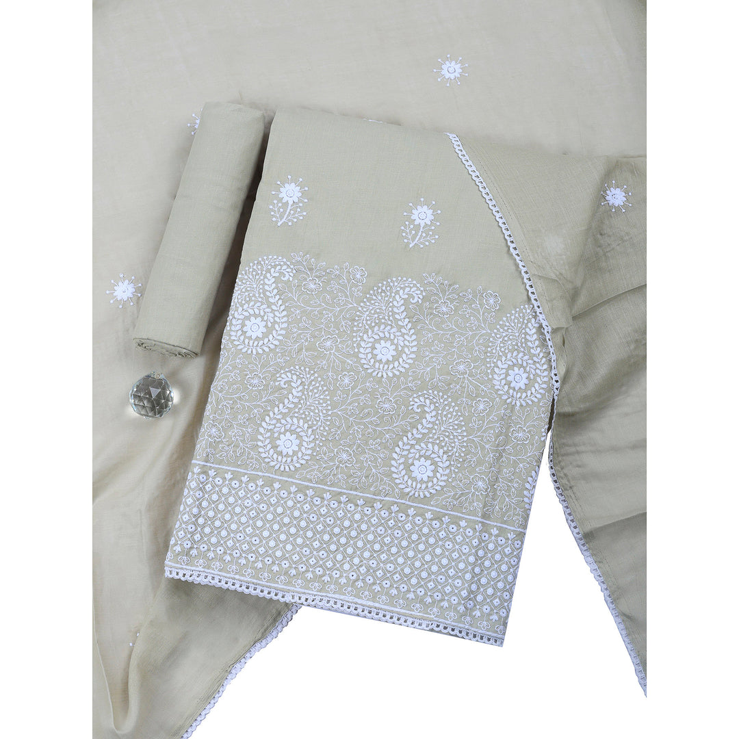 Beige Embroidered Cotton Blend Unstitched Suit &amp; Pant With Cotton Dupatta