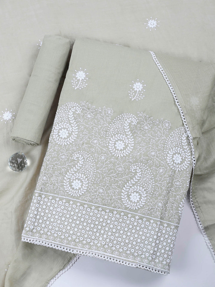 Beige Embroidered Cotton Blend Unstitched Suit &amp; Pant With Cotton Dupatta