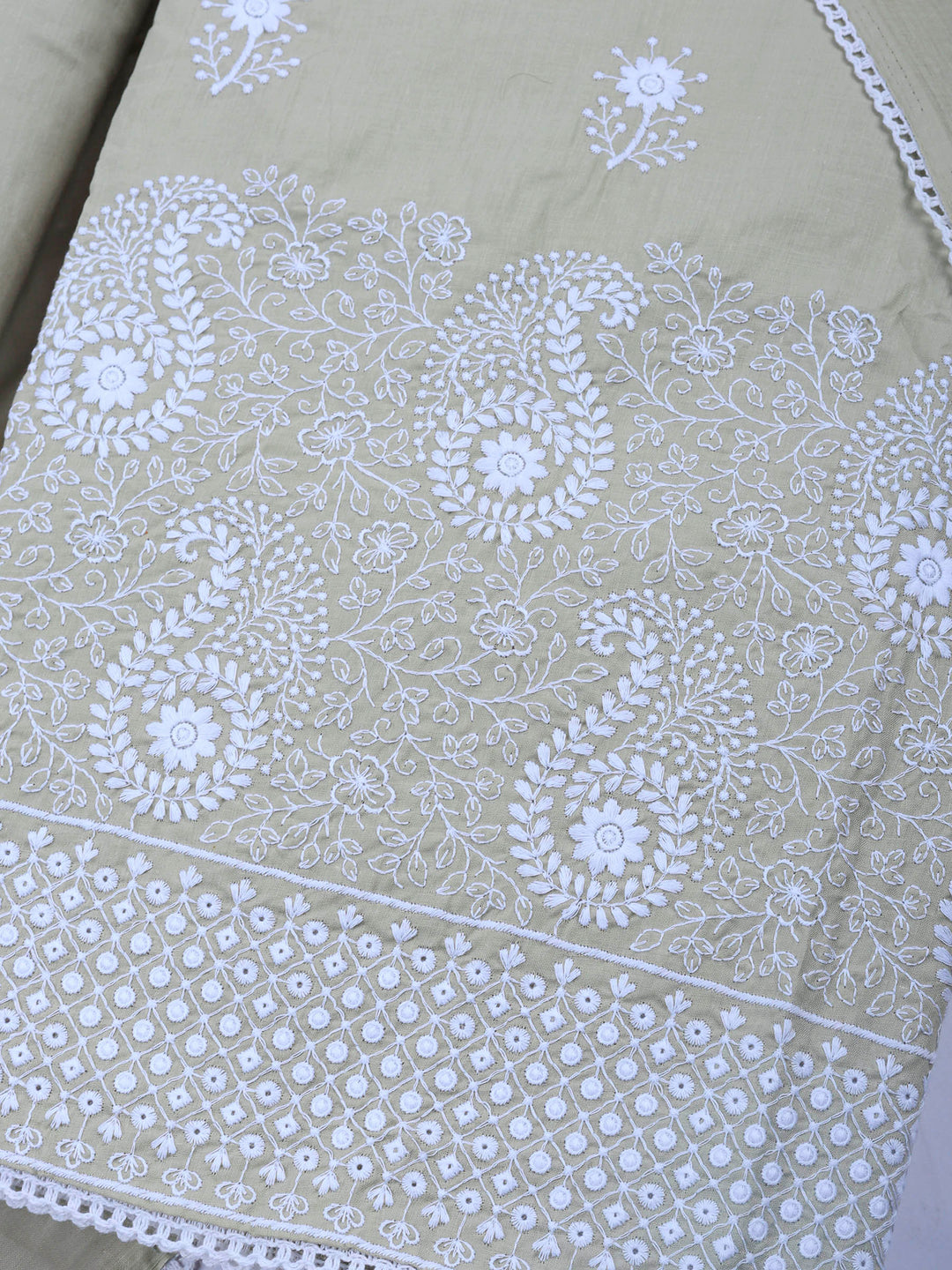 Beige Embroidered Cotton Blend Unstitched Suit &amp; Pant With Cotton Dupatta