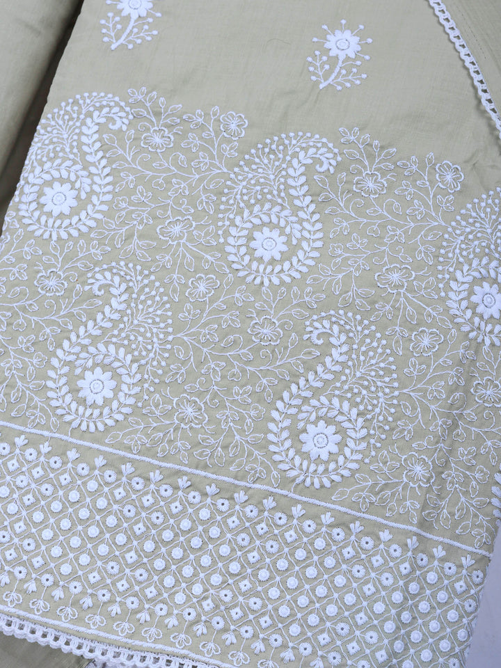 Beige Embroidered Cotton Blend Unstitched Suit &amp; Pant With Cotton Dupatta