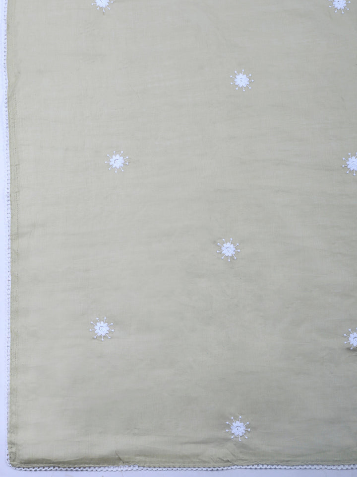 Beige Embroidered Cotton Blend Unstitched Suit &amp; Pant With Cotton Dupatta