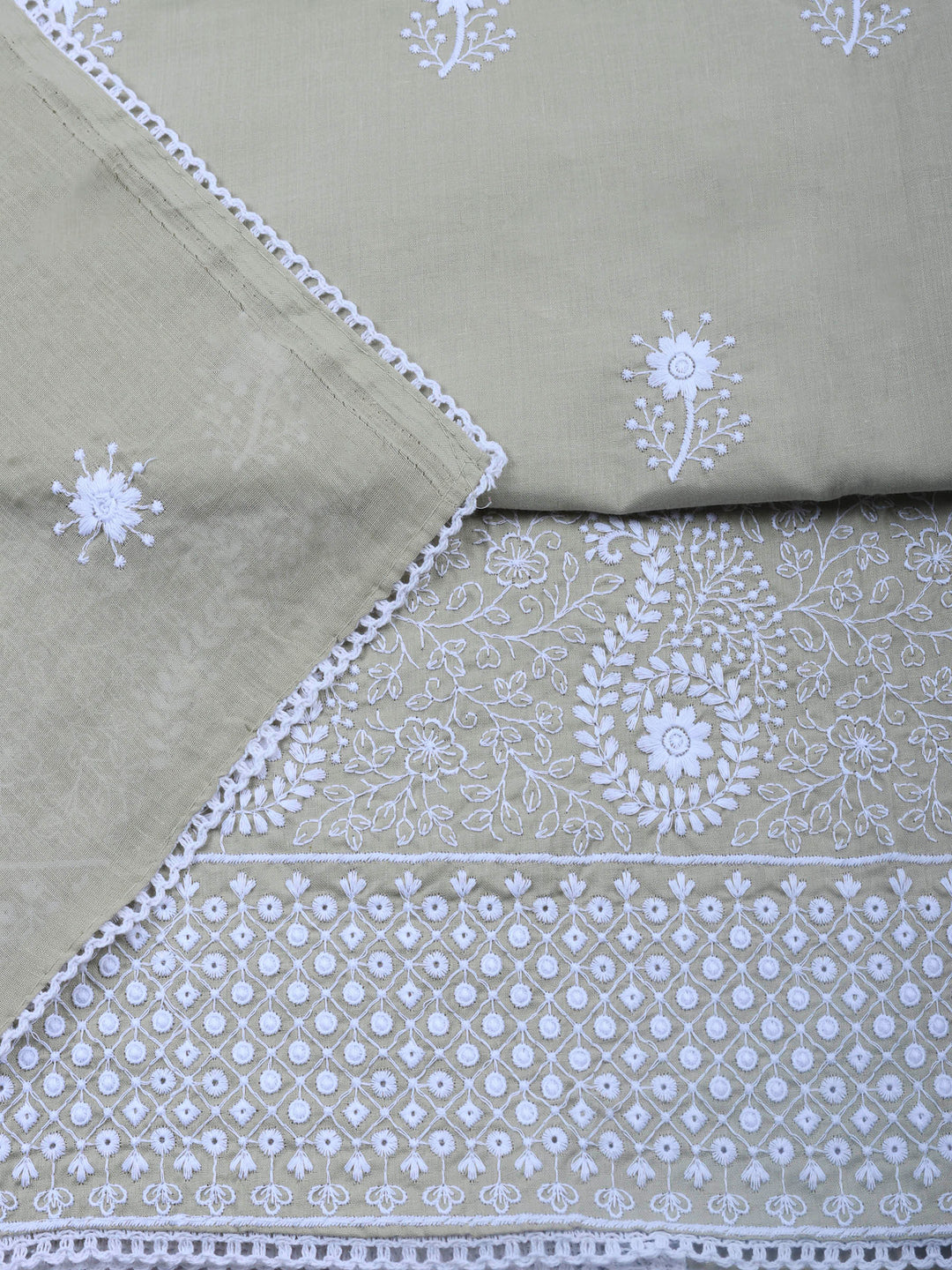 Beige Embroidered Cotton Blend Unstitched Suit &amp; Pant With Cotton Dupatta