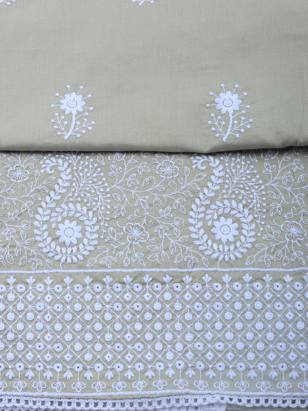Beige Embroidered Cotton Blend Unstitched Suit &amp; Pant With Cotton Dupatta