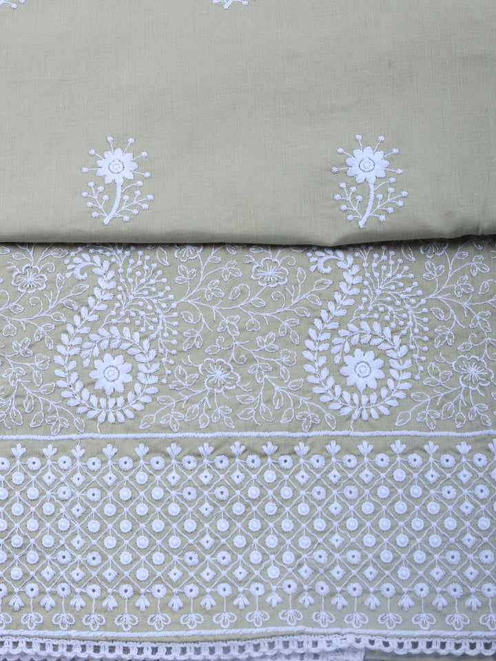 Beige Embroidered Cotton Blend Unstitched Suit &amp; Pant With Cotton Dupatta