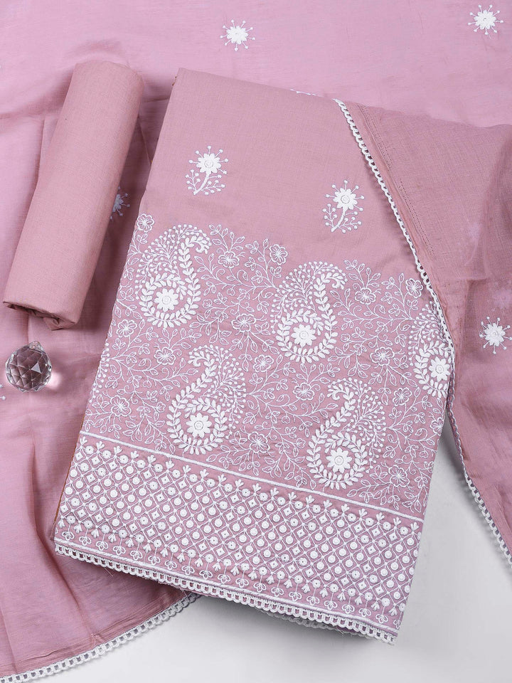 Dull Pink Embroidered Cotton Blend Unstitched Suit &amp; Pant With Cotton Dupatta
