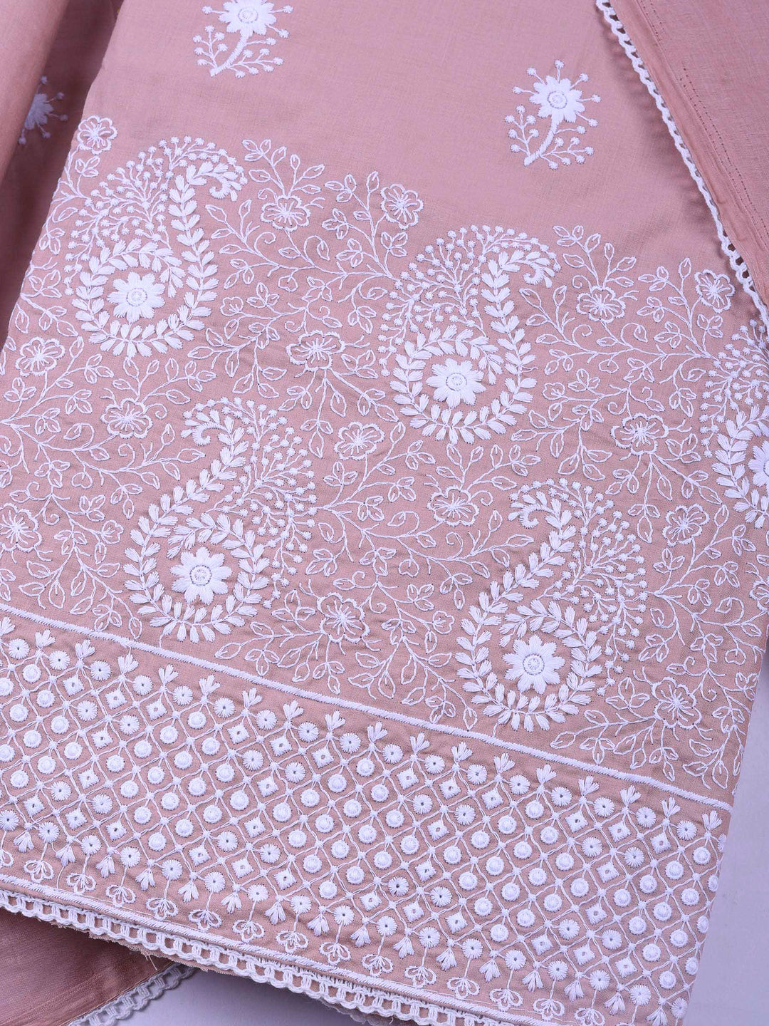 Dull Pink Embroidered Cotton Blend Unstitched Suit &amp; Pant With Cotton Dupatta