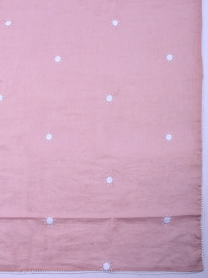 Dull Pink Embroidered Cotton Blend Unstitched Suit &amp; Pant With Cotton Dupatta