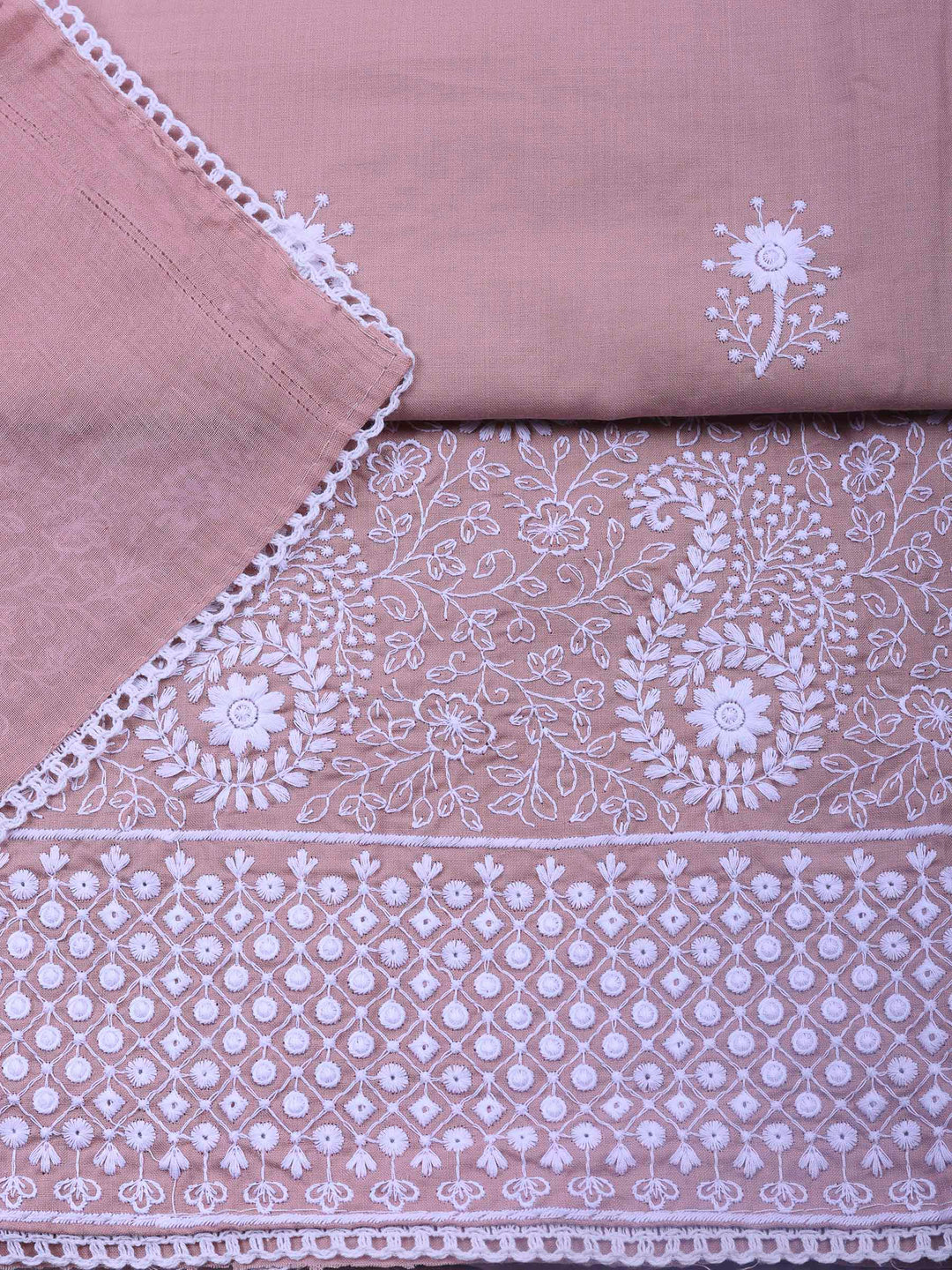 Dull Pink Embroidered Cotton Blend Unstitched Suit &amp; Pant With Cotton Dupatta