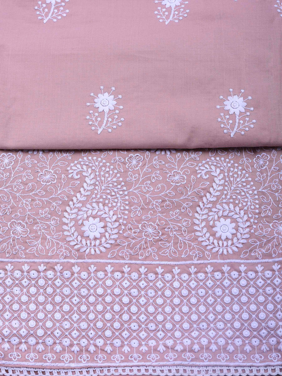 Dull Pink Embroidered Cotton Blend Unstitched Suit &amp; Pant With Cotton Dupatta
