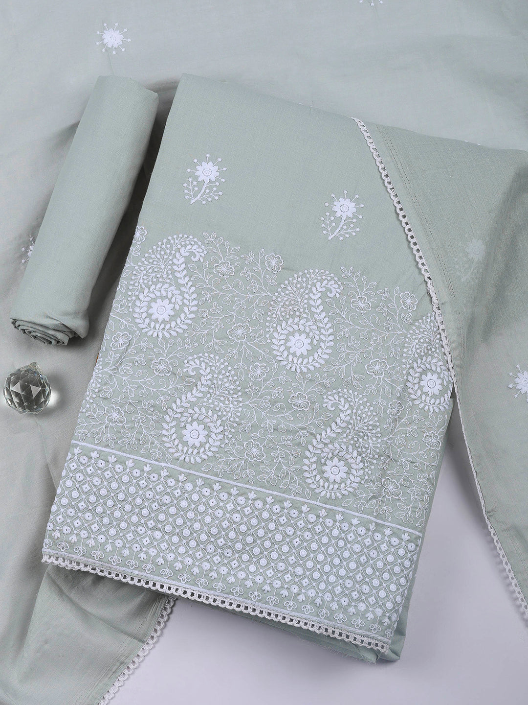 Grey Embroidered Cotton Blend Unstitched Suit &amp; Pant With Cotton Dupatta