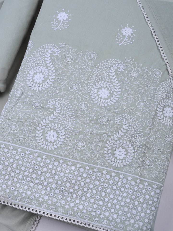 Grey Embroidered Cotton Blend Unstitched Suit &amp; Pant With Cotton Dupatta