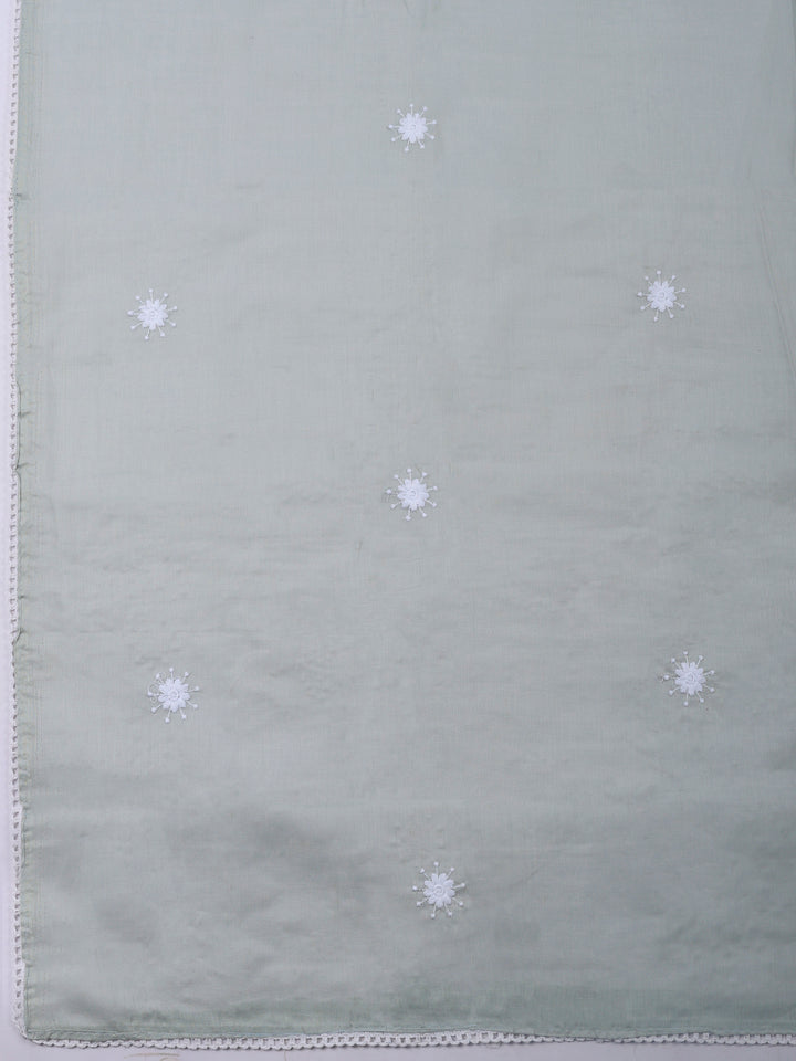 Grey Embroidered Cotton Blend Unstitched Suit &amp; Pant With Cotton Dupatta