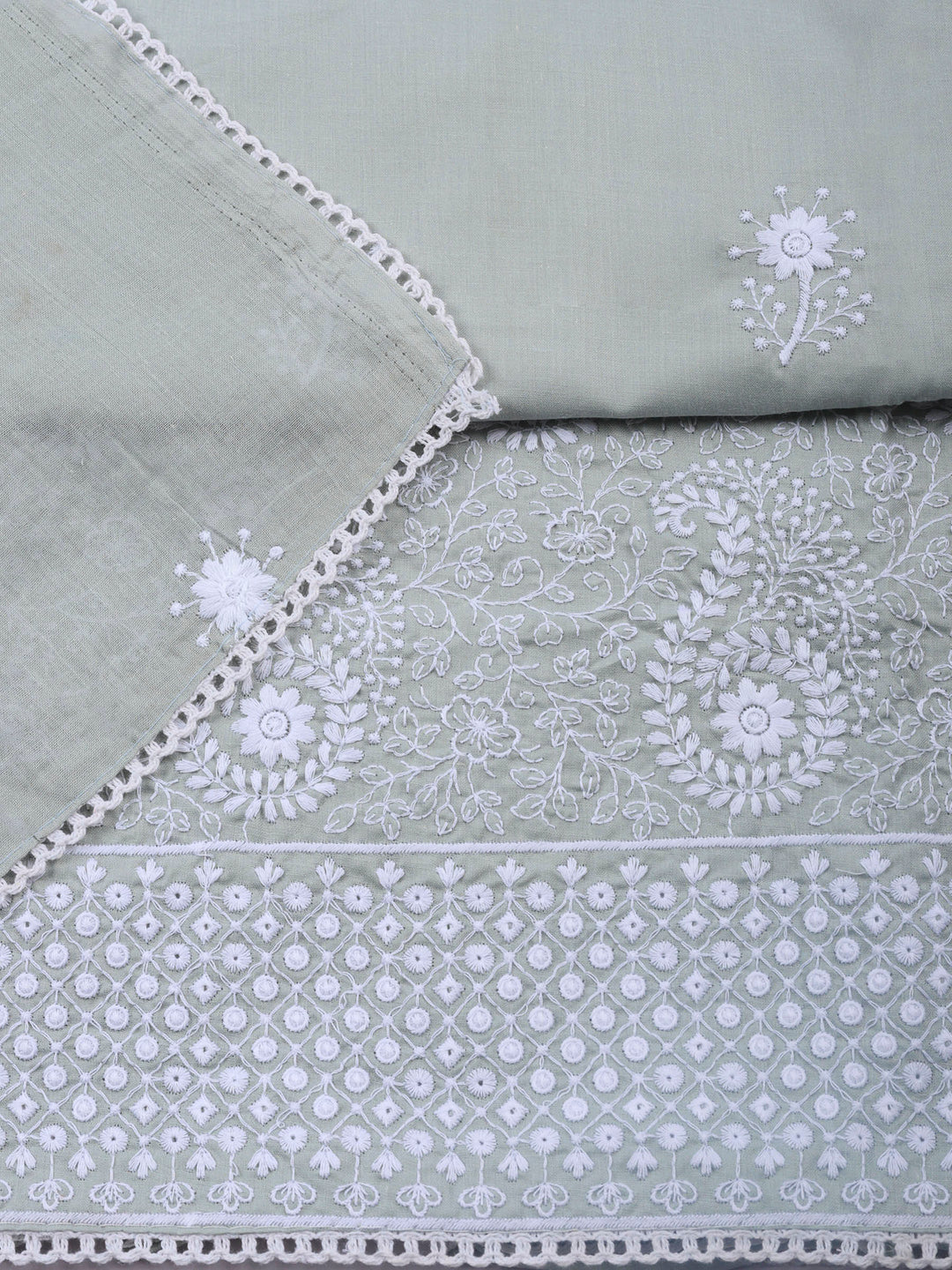 Grey Embroidered Cotton Blend Unstitched Suit &amp; Pant With Cotton Dupatta