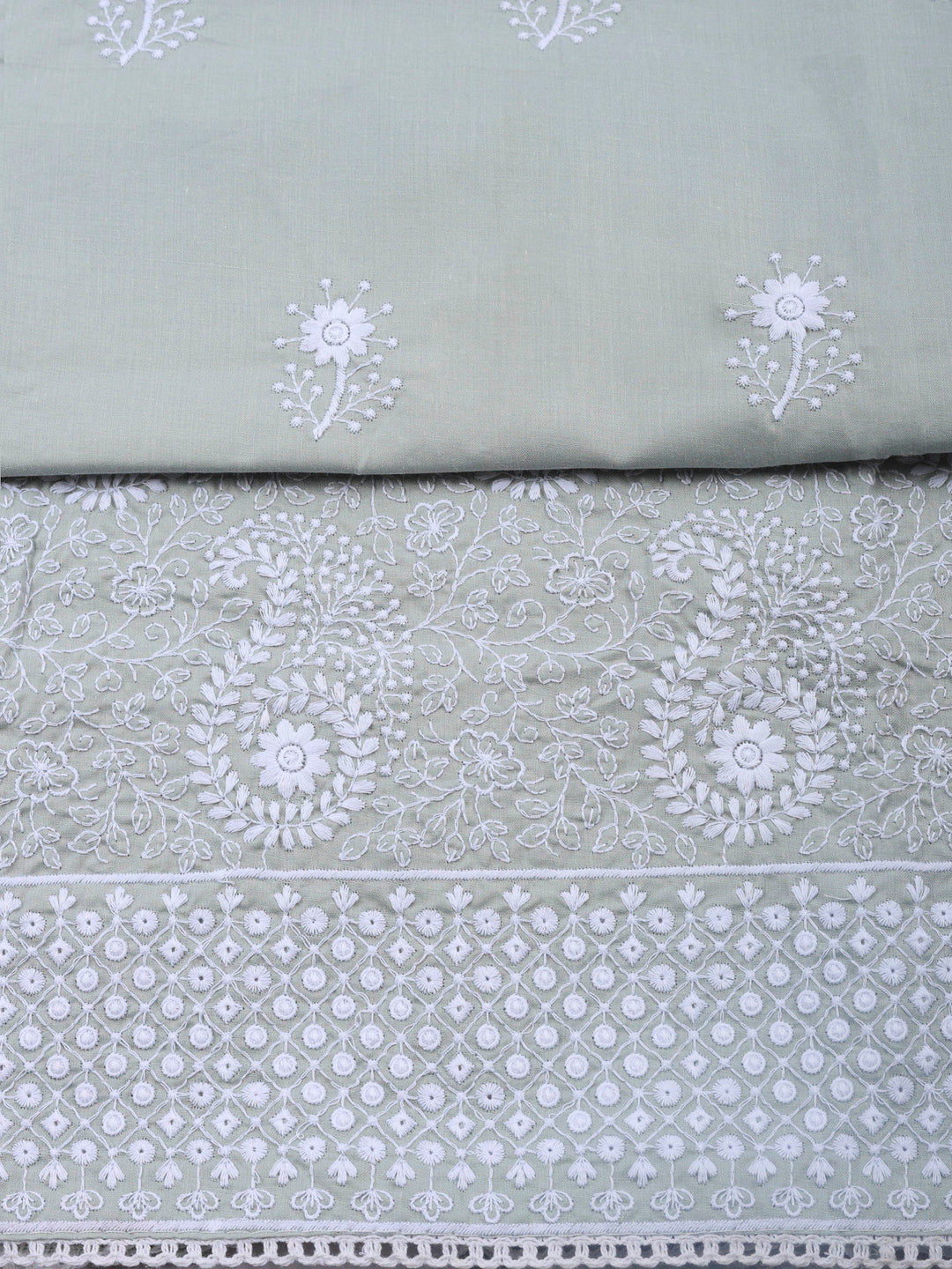 Grey Embroidered Cotton Blend Unstitched Suit &amp; Pant With Cotton Dupatta