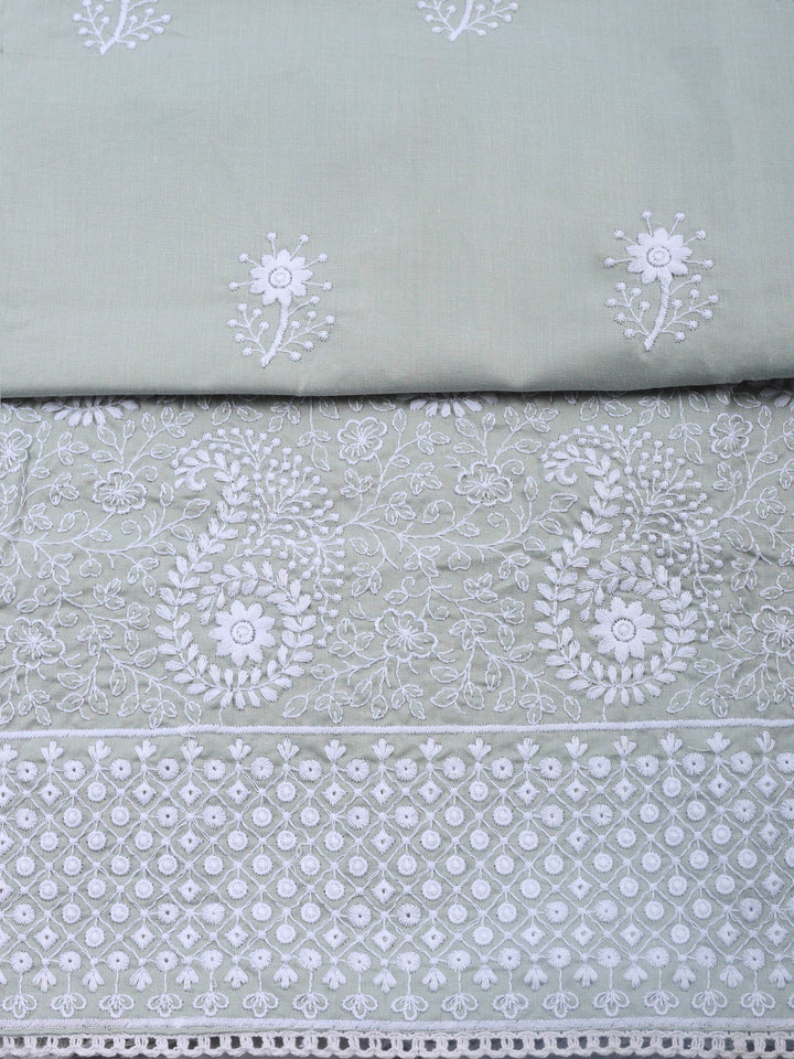 Grey Embroidered Cotton Blend Unstitched Suit &amp; Pant With Cotton Dupatta