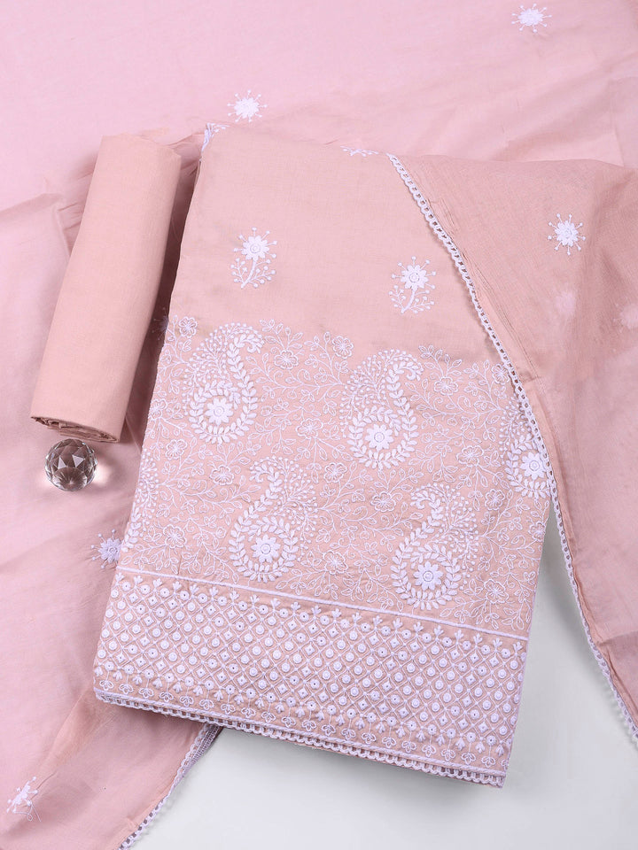 Peach Embroidered Cotton Blend Unstitched Suit &amp; Pant With Cotton Dupatta