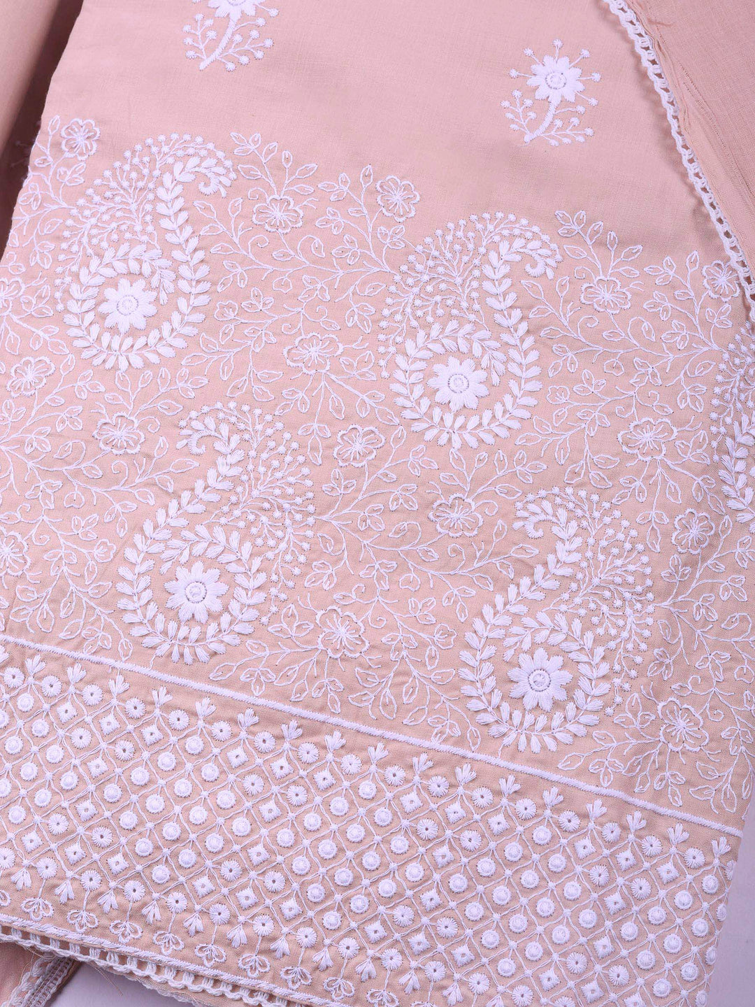 Peach Embroidered Cotton Blend Unstitched Suit &amp; Pant With Cotton Dupatta