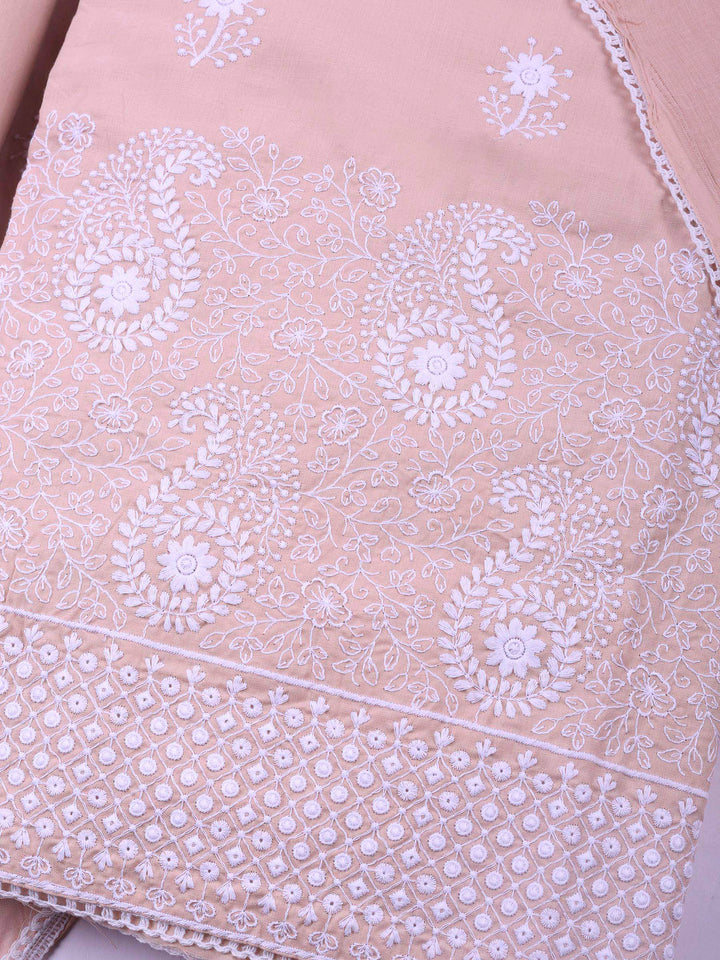 Peach Embroidered Cotton Blend Unstitched Suit &amp; Pant With Cotton Dupatta