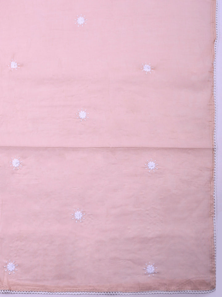 Peach Embroidered Cotton Blend Unstitched Suit &amp; Pant With Cotton Dupatta