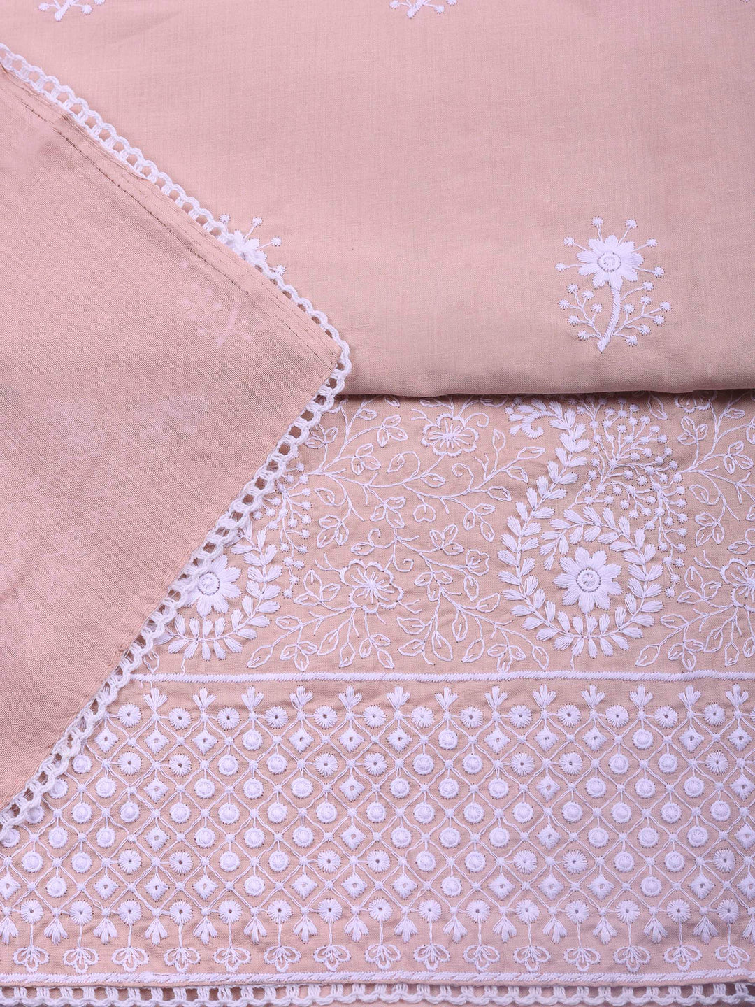 Peach Embroidered Cotton Blend Unstitched Suit &amp; Pant With Cotton Dupatta