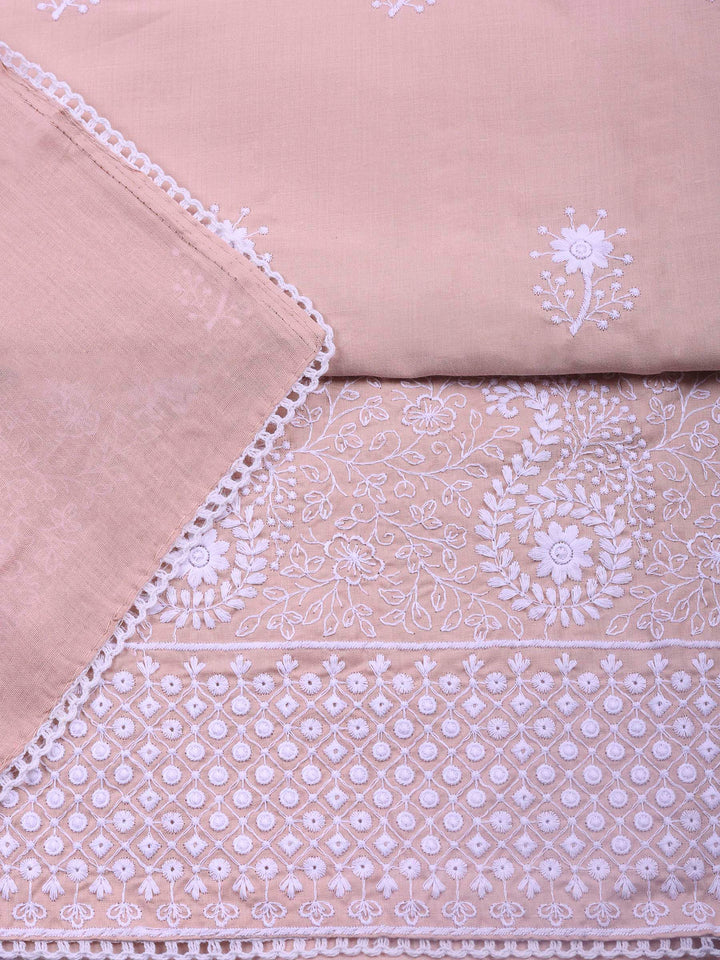 Peach Embroidered Cotton Blend Unstitched Suit &amp; Pant With Cotton Dupatta