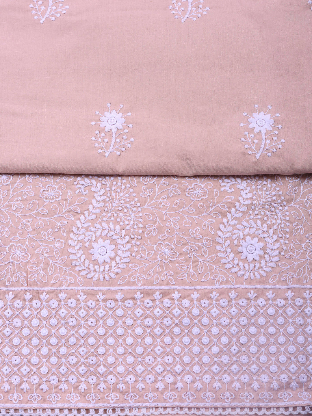 Peach Embroidered Cotton Blend Unstitched Suit &amp; Pant With Cotton Dupatta
