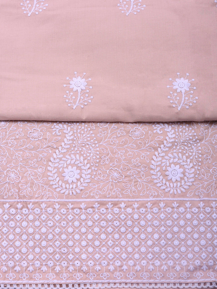 Peach Embroidered Cotton Blend Unstitched Suit &amp; Pant With Cotton Dupatta