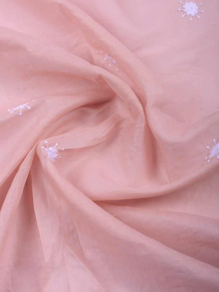 Peach Embroidered Cotton Blend Unstitched Suit &amp; Pant With Cotton Dupatta
