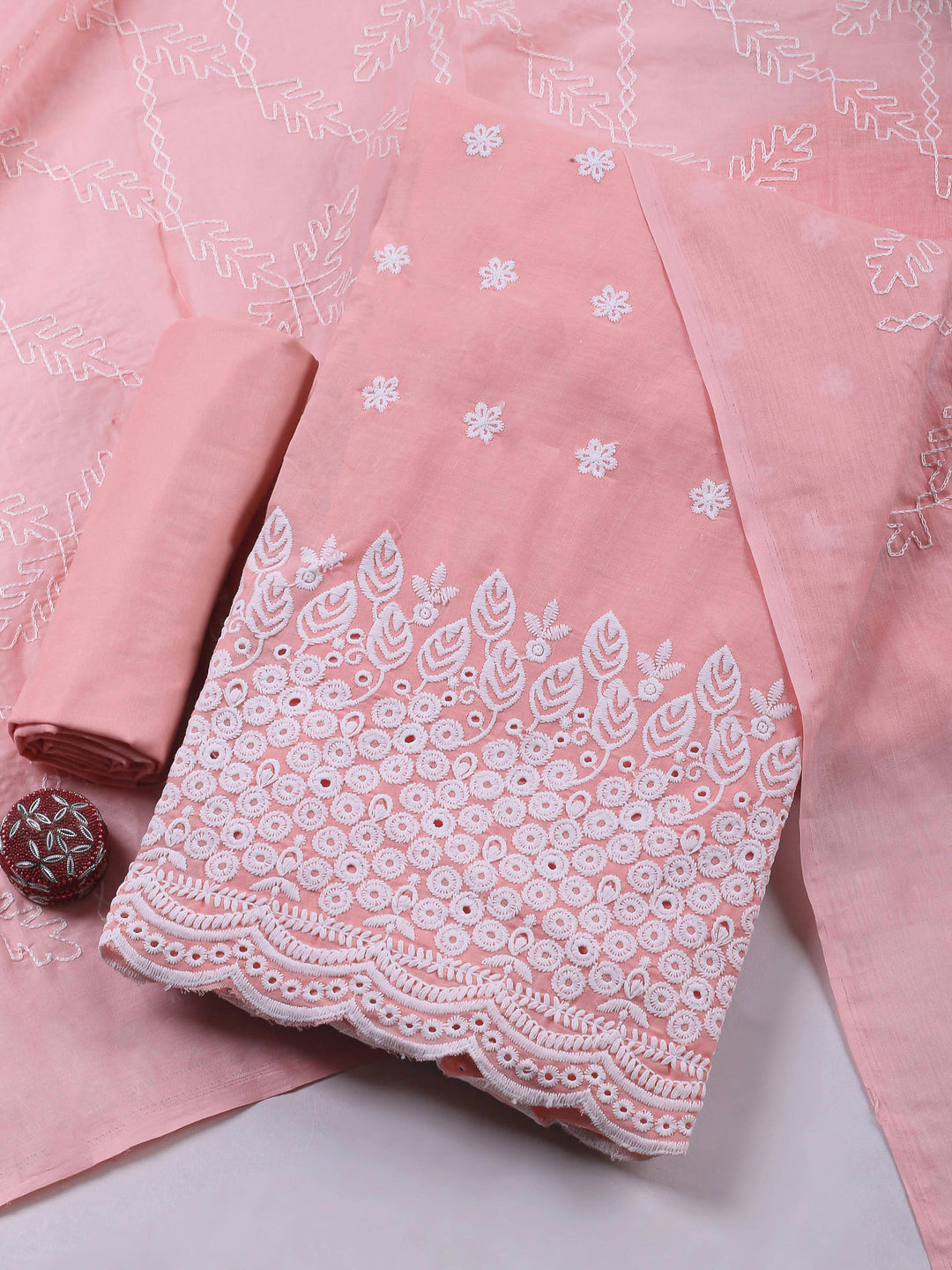 Peach Embroidered Cotton Blend Unstitched Suit &amp; Pant With Cotton Dupatta