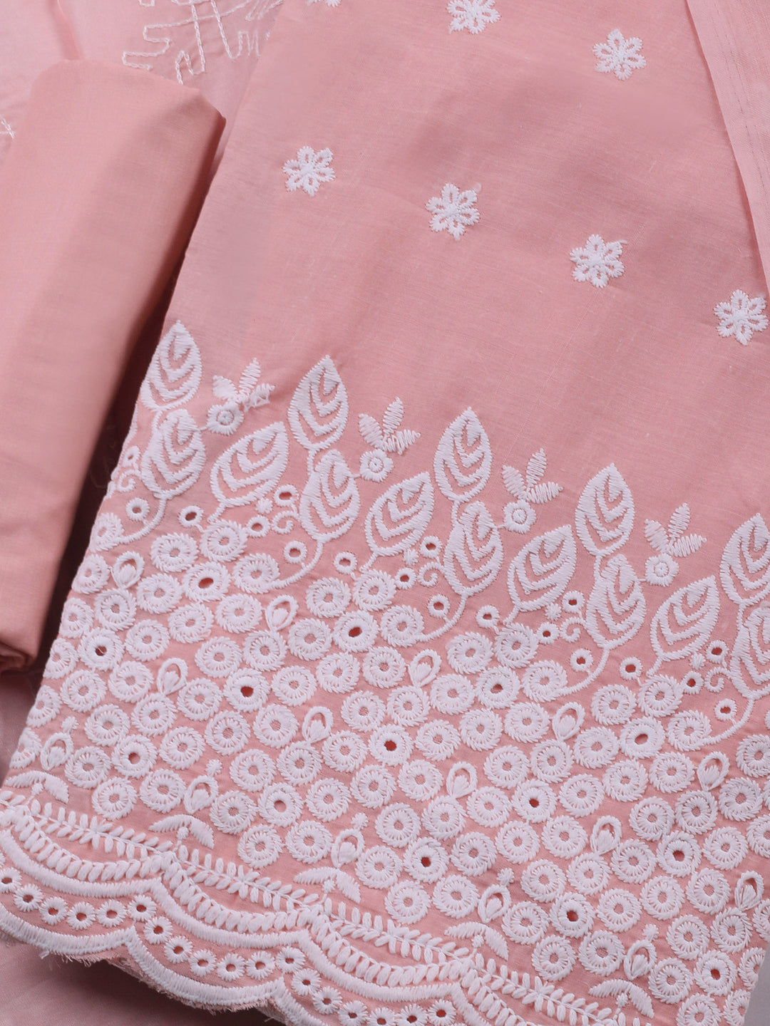 Peach Embroidered Cotton Blend Unstitched Suit &amp; Pant With Cotton Dupatta