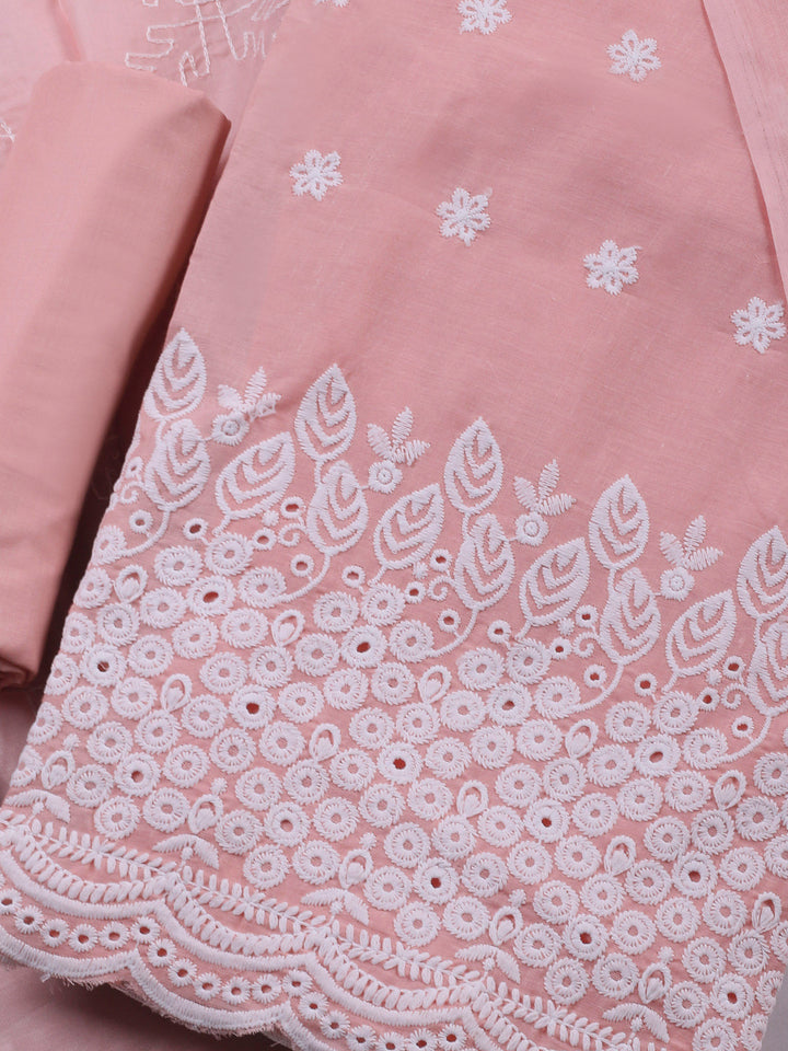 Peach Embroidered Cotton Blend Unstitched Suit &amp; Pant With Cotton Dupatta