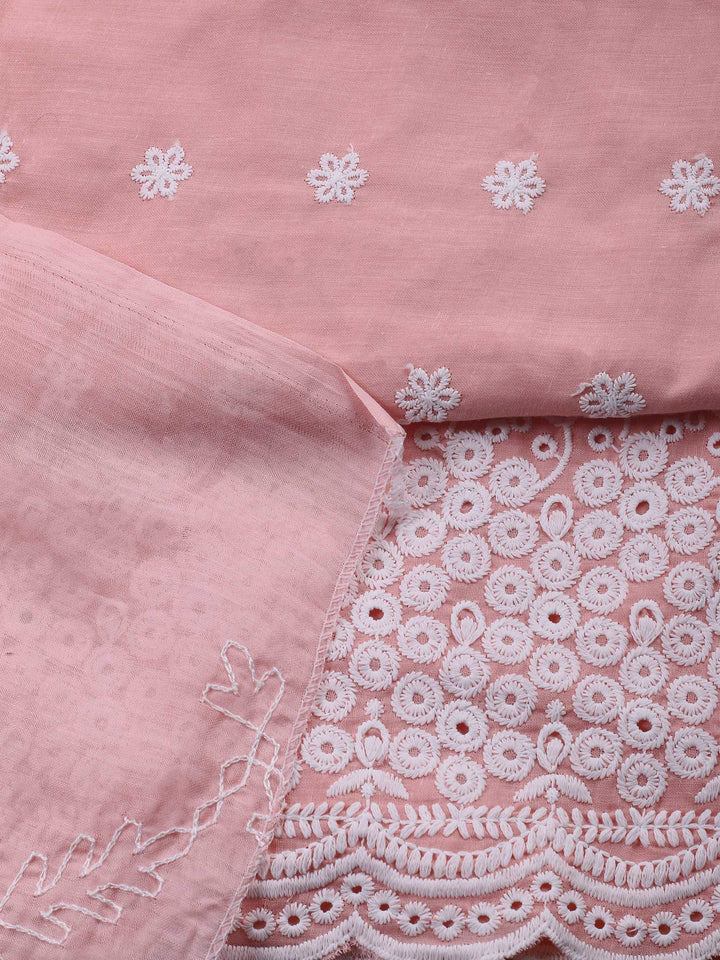Peach Embroidered Cotton Blend Unstitched Suit &amp; Pant With Cotton Dupatta