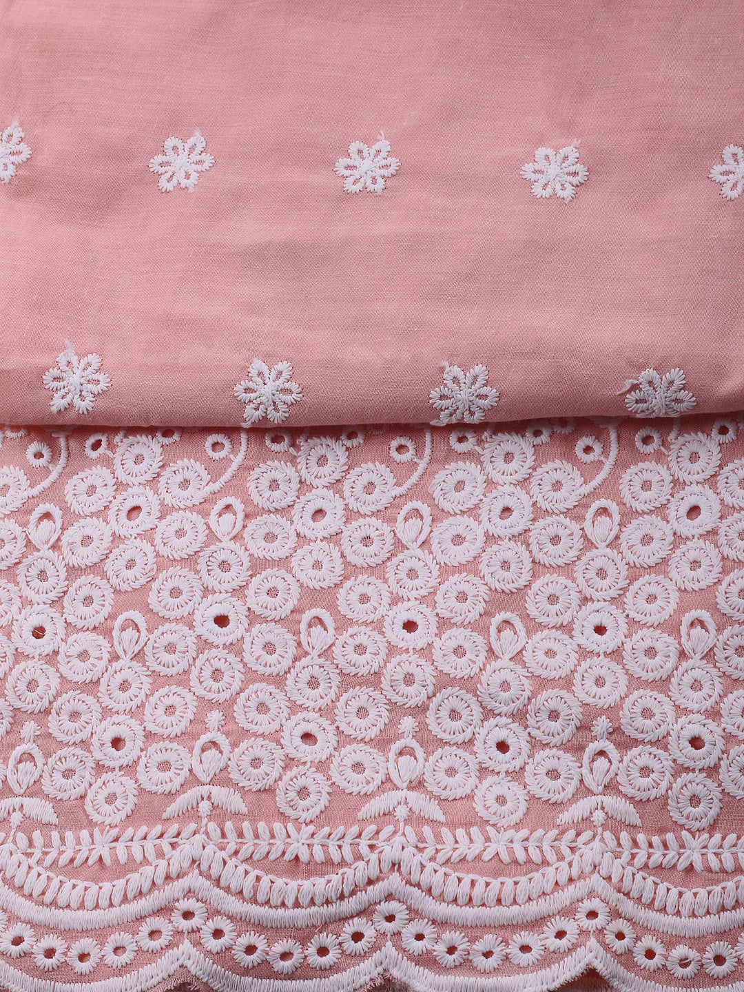 Peach Embroidered Cotton Blend Unstitched Suit &amp; Pant With Cotton Dupatta