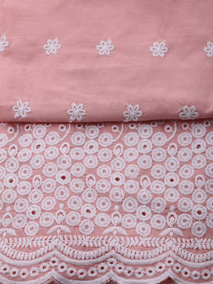 Peach Embroidered Cotton Blend Unstitched Suit &amp; Pant With Cotton Dupatta