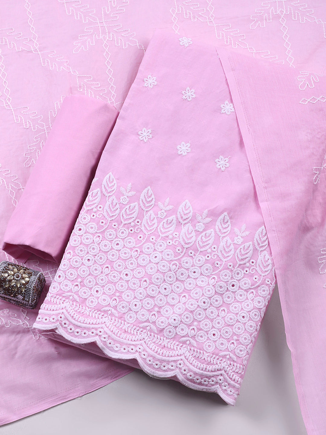 Pink Embroidered Cotton Blend Unstitched Suit &amp; Pant With Cotton Dupatta