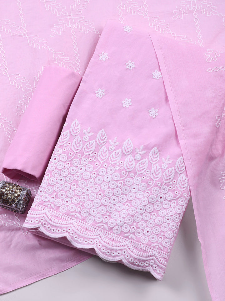 Pink Embroidered Cotton Blend Unstitched Suit &amp; Pant With Cotton Dupatta