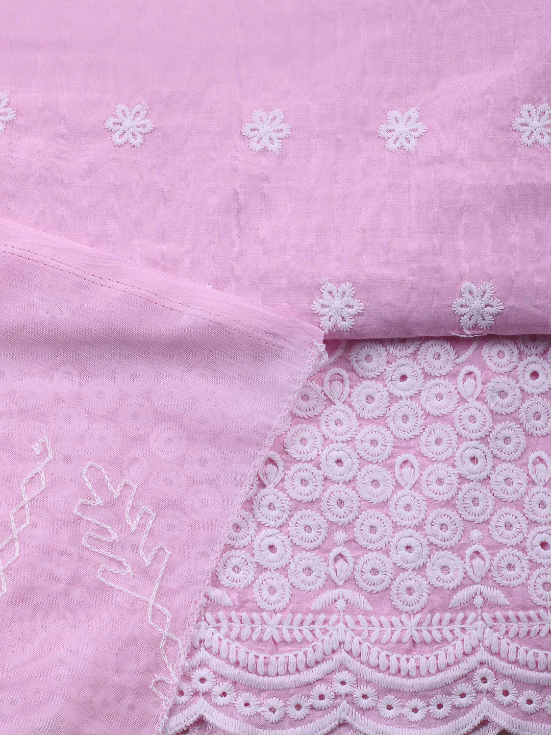 Pink Embroidered Cotton Blend Unstitched Suit &amp; Pant With Cotton Dupatta