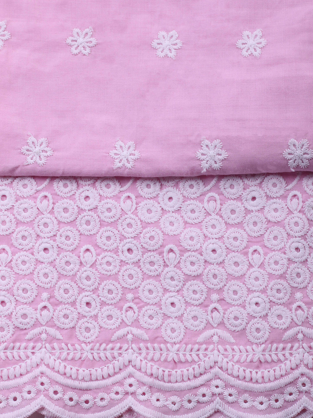 Pink Embroidered Cotton Blend Unstitched Suit &amp; Pant With Cotton Dupatta