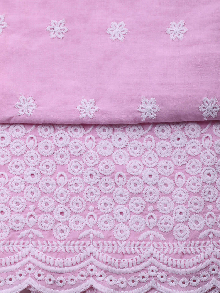 Pink Embroidered Cotton Blend Unstitched Suit &amp; Pant With Cotton Dupatta