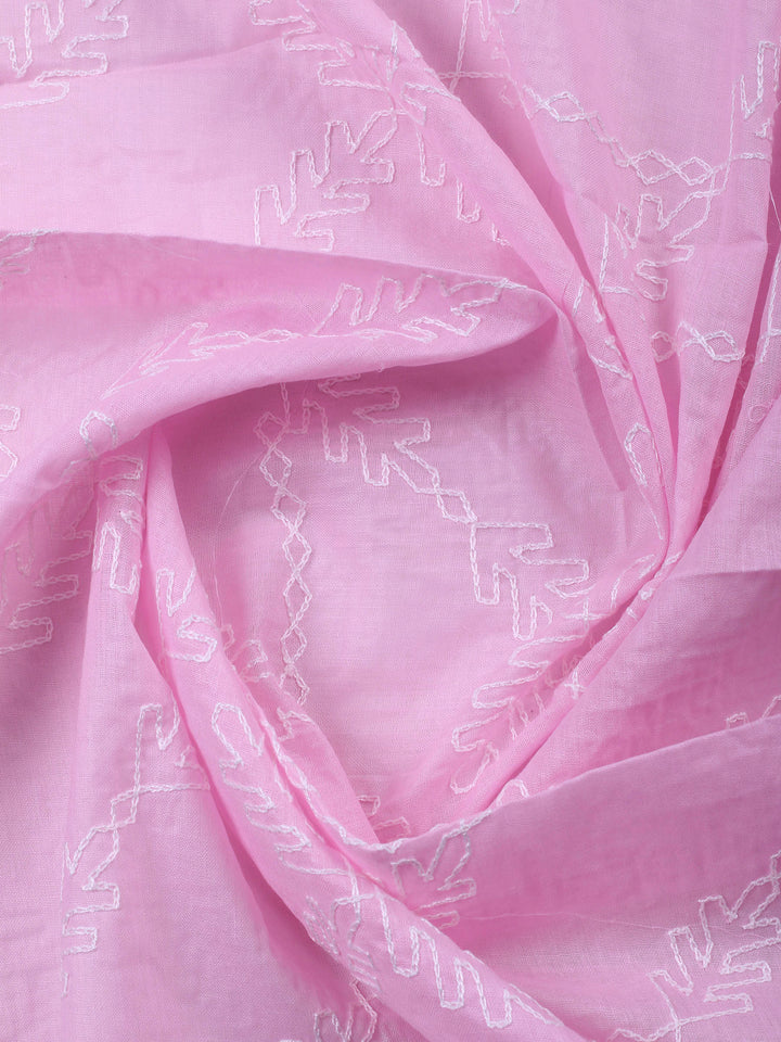 Pink Embroidered Cotton Blend Unstitched Suit &amp; Pant With Cotton Dupatta