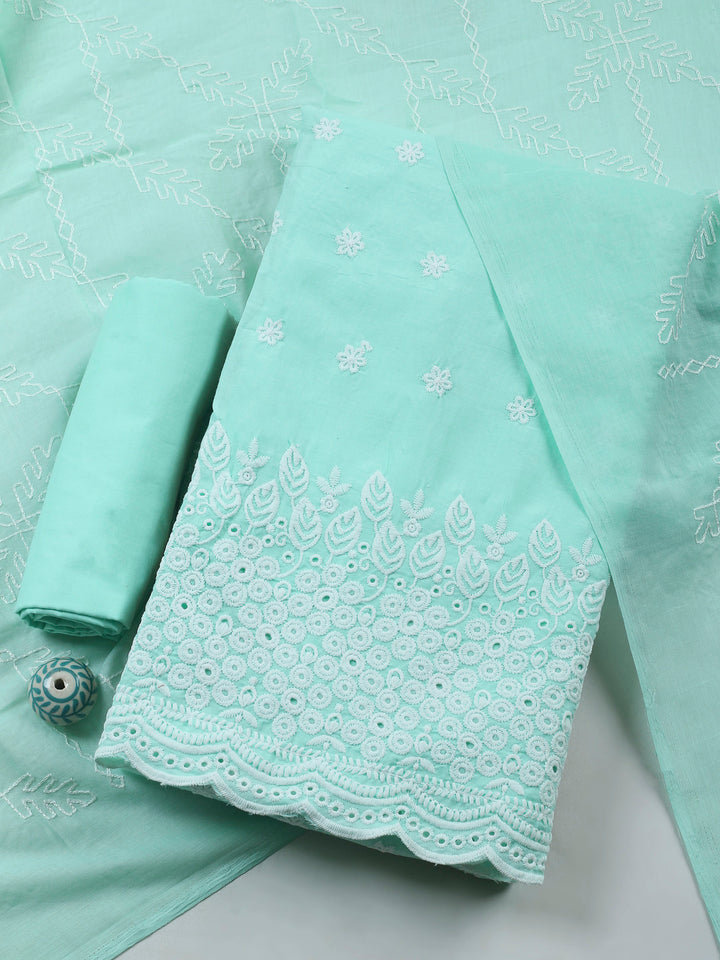 Sea Green Embroidered Cotton Blend Unstitched Suit &amp; Pant With Cotton Dupatta