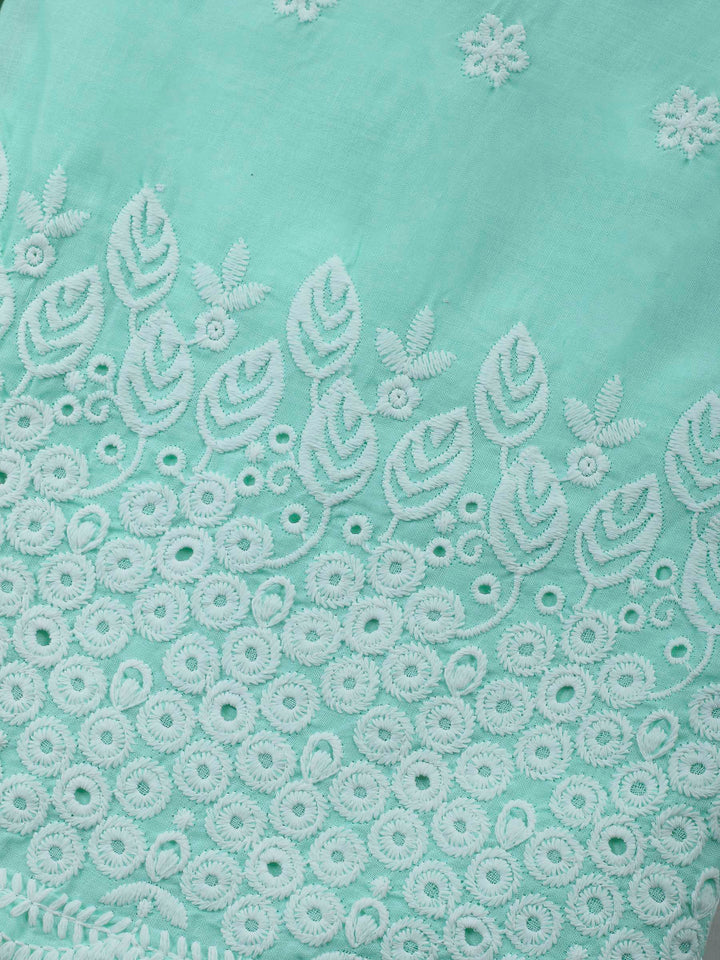 Sea Green Embroidered Cotton Blend Unstitched Suit &amp; Pant With Cotton Dupatta