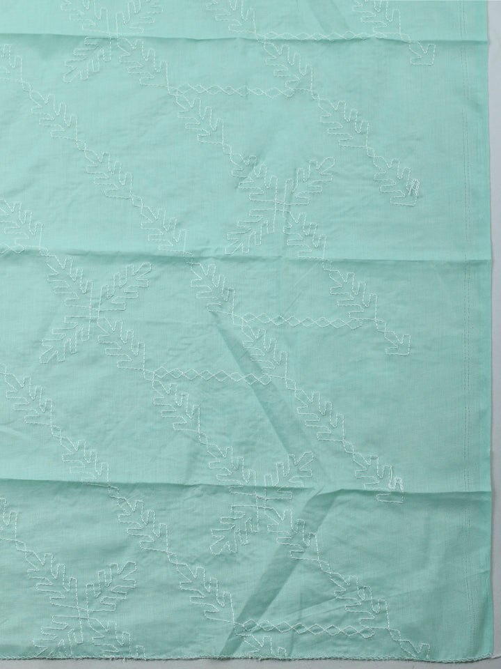 Sea Green Embroidered Cotton Blend Unstitched Suit &amp; Pant With Cotton Dupatta