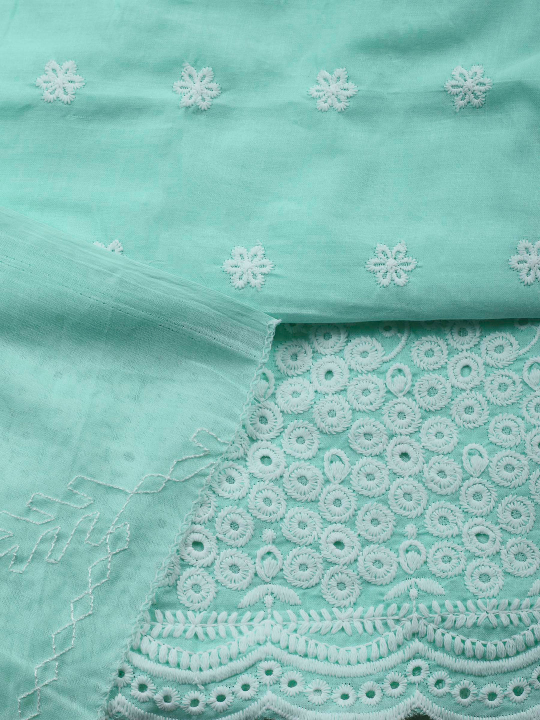 Sea Green Embroidered Cotton Blend Unstitched Suit &amp; Pant With Cotton Dupatta