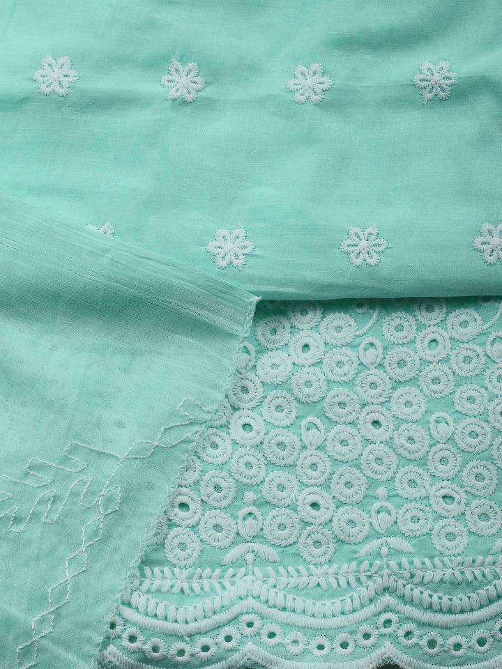 Sea Green Embroidered Cotton Blend Unstitched Suit &amp; Pant With Cotton Dupatta