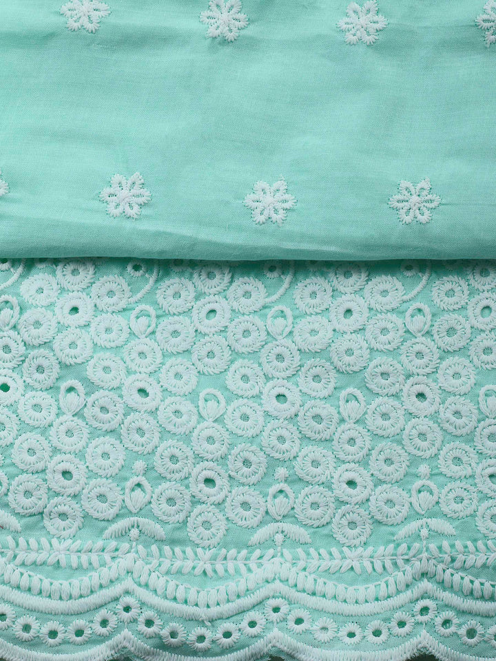 Sea Green Embroidered Cotton Blend Unstitched Suit &amp; Pant With Cotton Dupatta