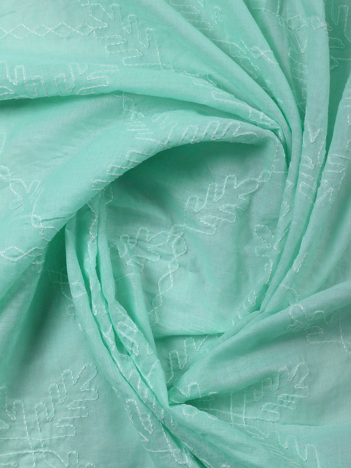 Sea Green Embroidered Cotton Blend Unstitched Suit &amp; Pant With Cotton Dupatta