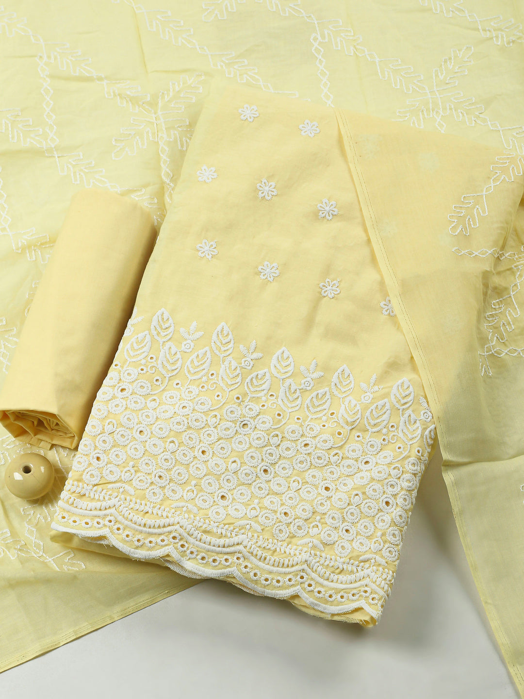 Yellow Embroidered Cotton Blend Unstitched Suit &amp; Pant With Cotton Dupatta